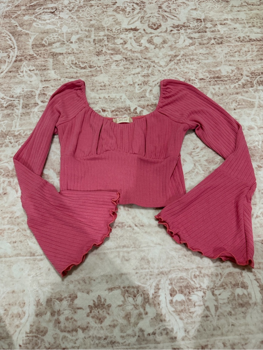 Altar'd State Rose Pink Ribbed Bell-Sleeve Crop Top